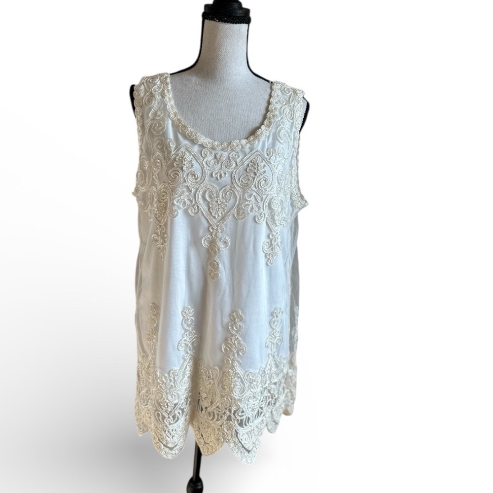 Cal Style Ivory Embroidered Lace Tunic Top Women’s Medium Sleeveless Boho